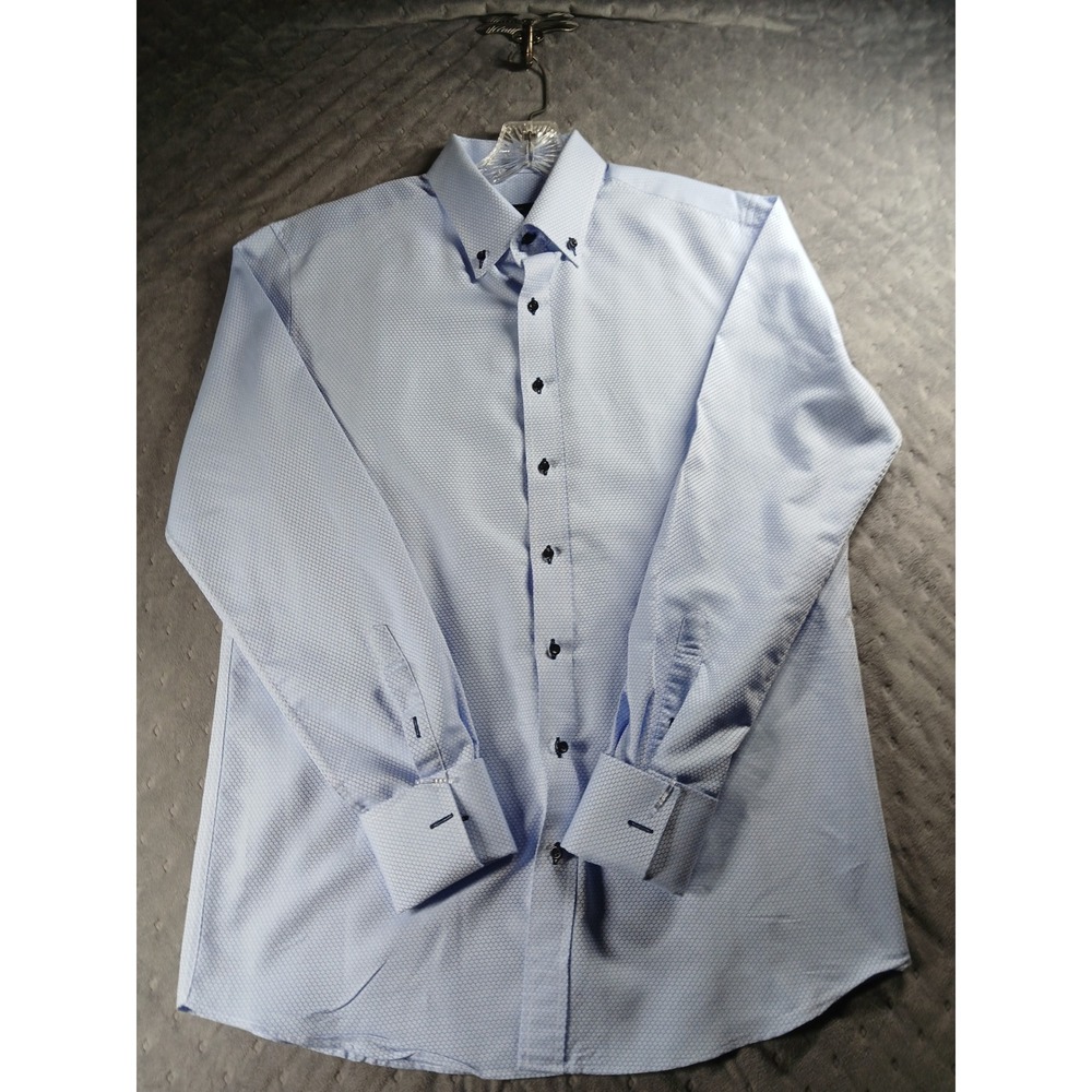 Om Sai Ram Mens Blue Geometric Textured Dress Shirt French Cuff Tailored XL